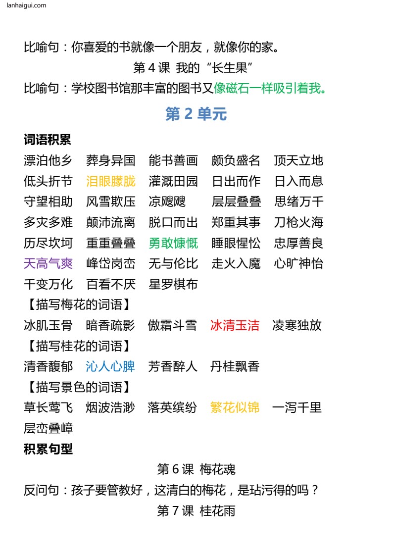 5年级语文上册词语归类积累 课文佳句汇总(1)(lanhaigui.com)_002
